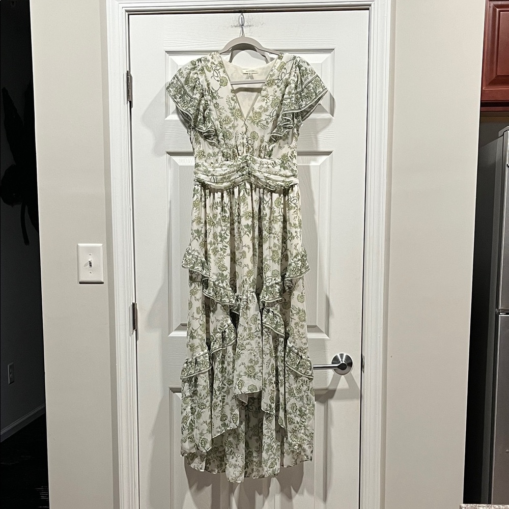 Max Studio Creme Green Cottagecore WhimsicalFlutter Sleeves Asymmetrical Dress